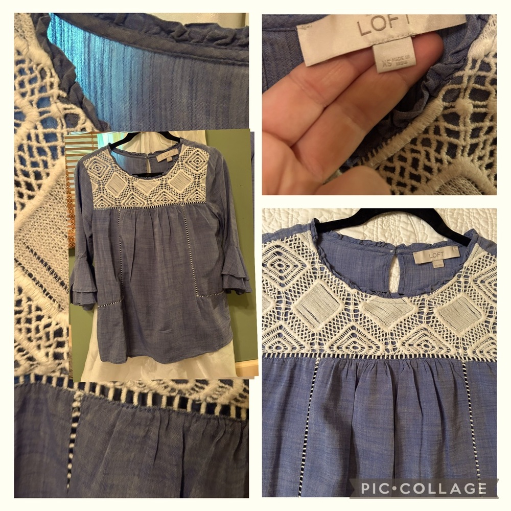 LOFT Blue Crochet Accent Blouse